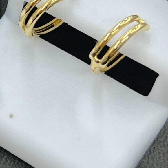 2 Row Gold Huggie Hoop Earrings 14K Yellow Gold For Womens Fashion Design - Picture 4 of 5